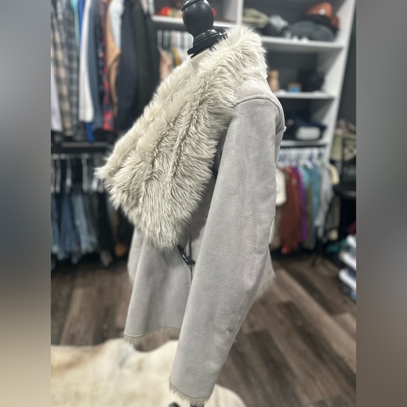 Moda International Coat Gray Soft Suede Faux Fur Lined Jacket Large Vintage VS - Picture 5 of 8